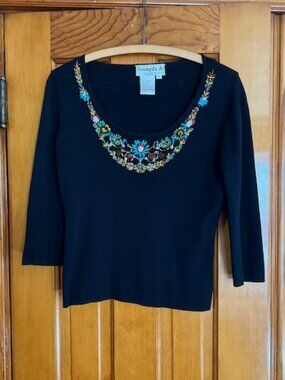 VINTAGE Joseph A. Black Ribbed 3/4 Slv Stone & Bead Accents Top Women's Medium